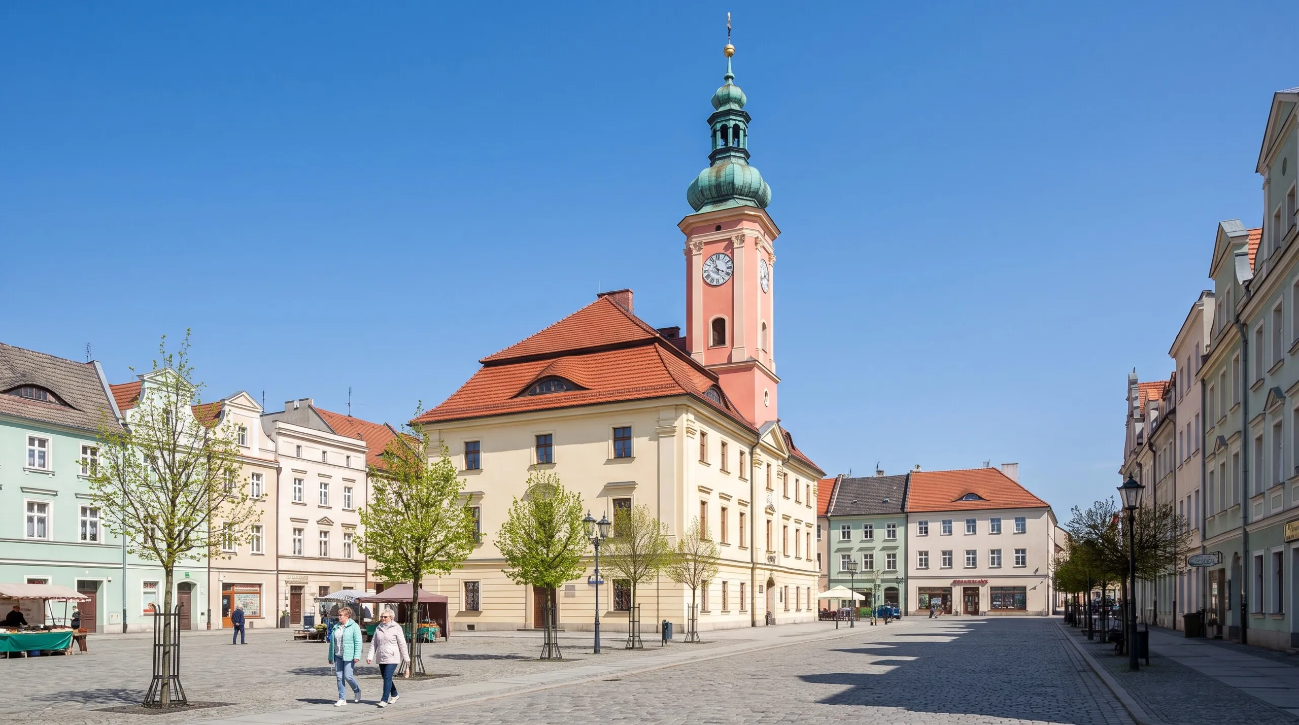 Rynek w Oławie — klasycystyczny ratusz z wieżą zegarową