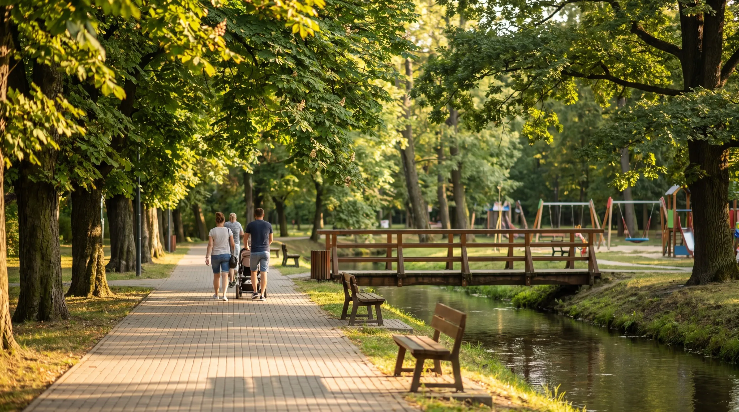 Rodzina na spacerze w parku nad rzeką