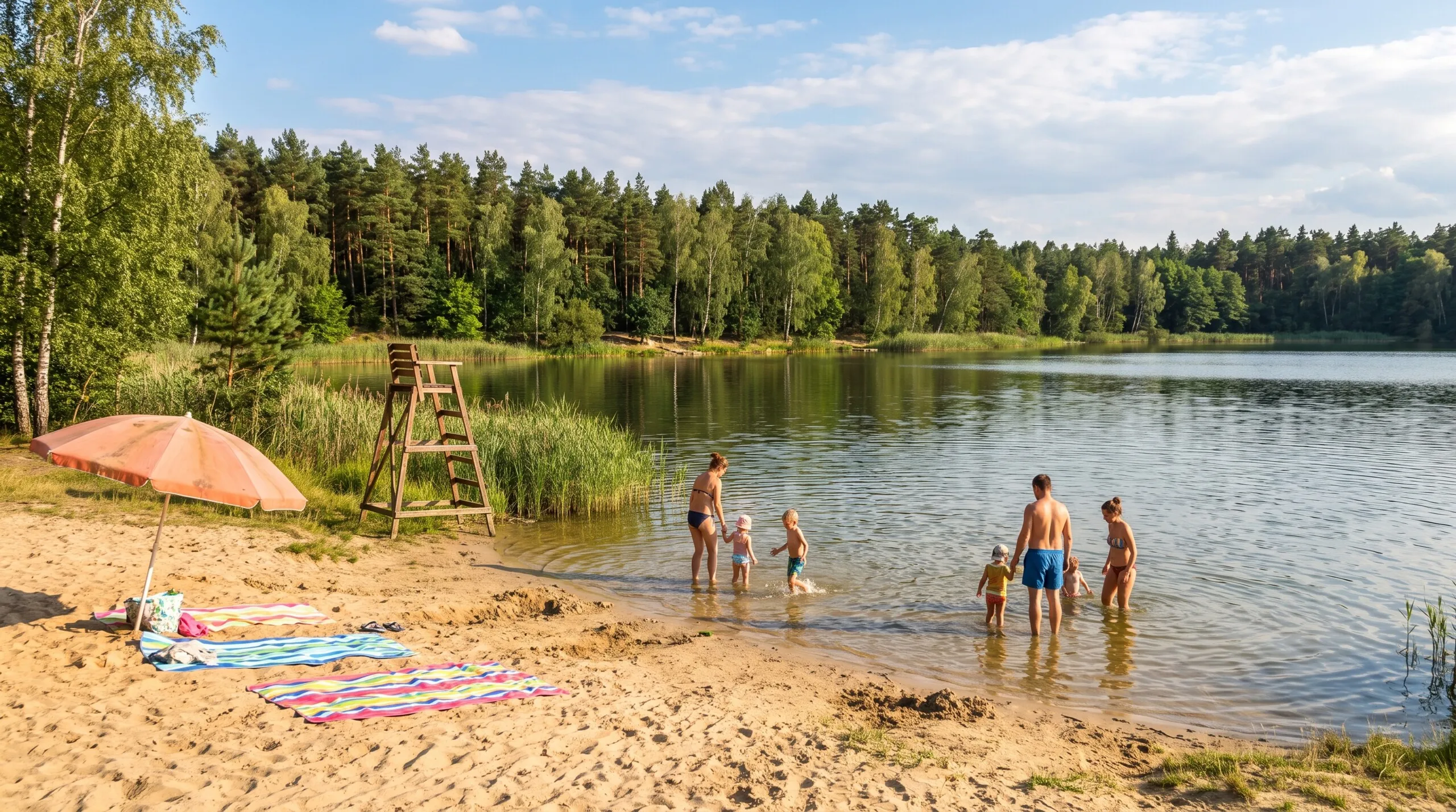 Piaszczysta plaża nad leśnym stawem, rodziny z dziećmi w płytkiej wodzie